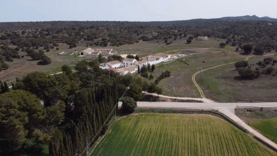Vista aérea de un conjunto rural de casas blancas con tejados rojizos junto a una arboleda de cipreses, rodeado de colinas con vegetación dispersa. En primer plano se ven campos de cultivo verdes y un cruce de caminos de tierra y asfalto.