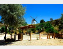 Área de descanso en un parque semiárido con pérgola de madera, bancos y postes junto a un sendero de tierra rodeado de árboles y matorrales. Al fondo, sobre una colina, se ve un molino de viento blanco con aspas negras bajo un cielo azul despejado.