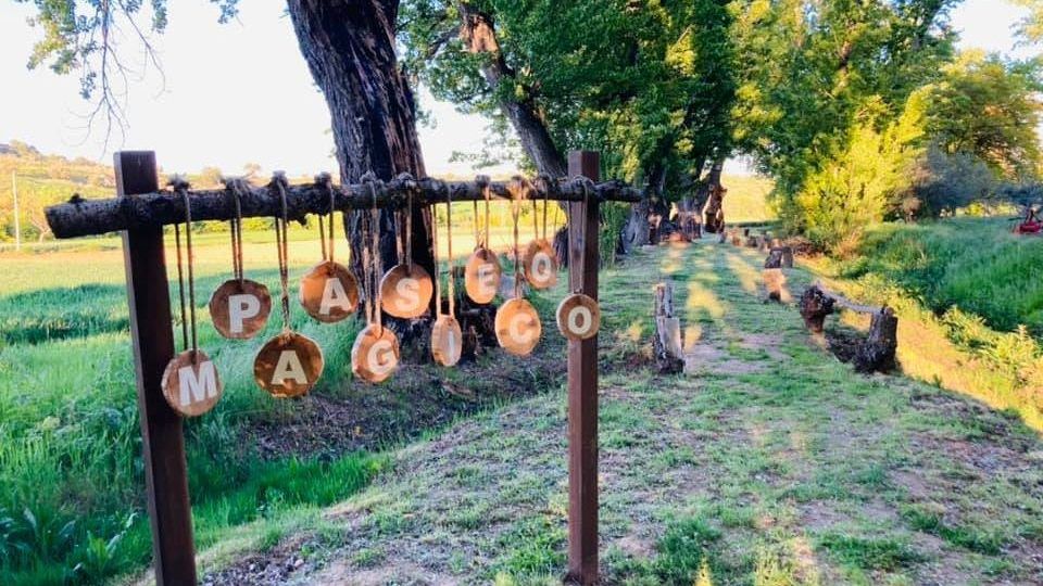 Sendero rural junto a un canal, bordeado por árboles altos y vegetación, con un camino de tierra y piedras que se extiende en perspectiva. En primer plano hay un letrero de madera con discos colgantes que forman la palabra “PASEO”.