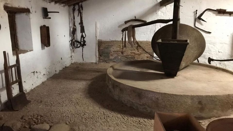 Interior de un antiguo molino o almazara con paredes encaladas y techo de vigas de madera, y un gran mecanismo circular de piedra con estructura metálica en el centro. En las paredes cuelgan herramientas y arneses, y el suelo es de piedra irregular.